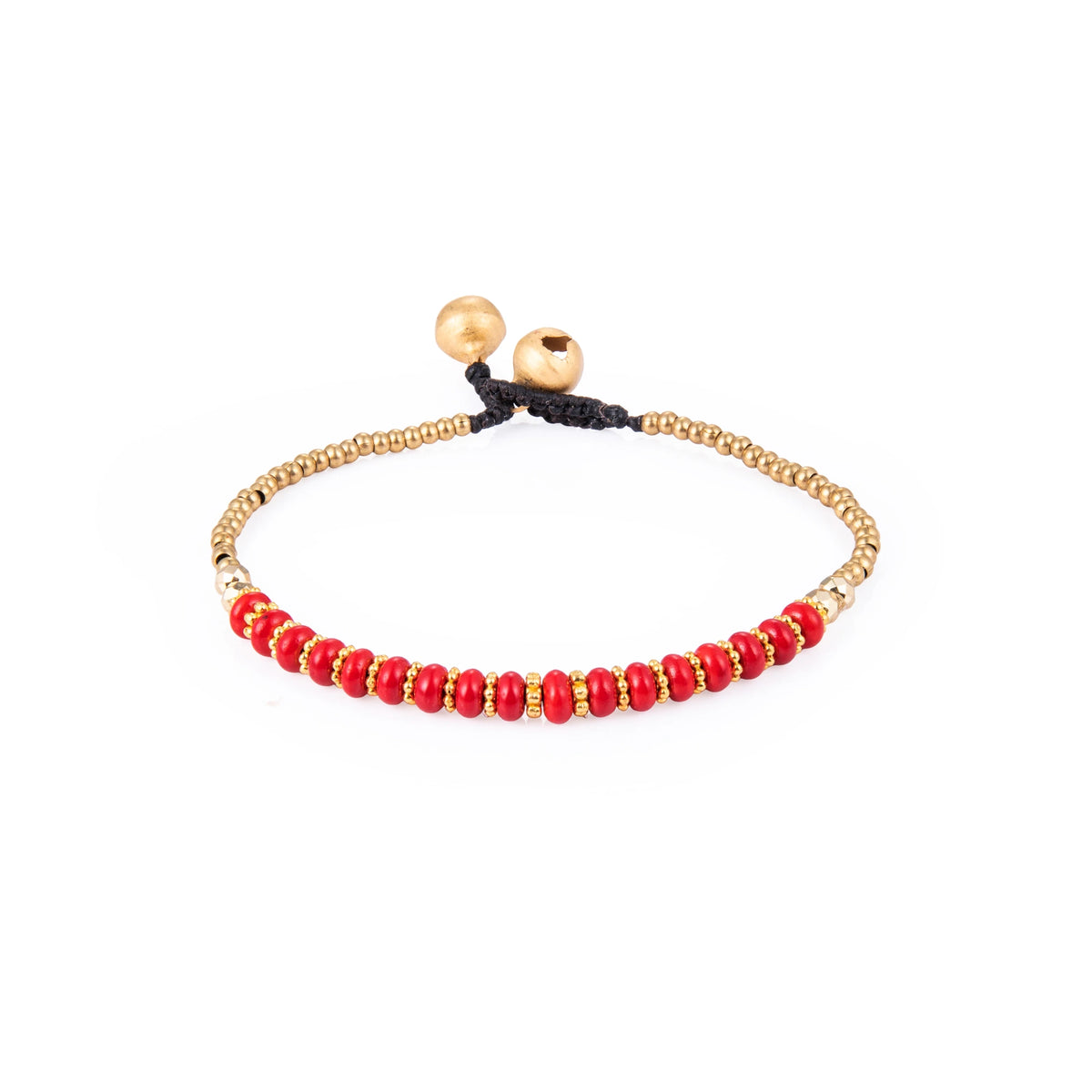 Red bracelet featuring a single row of small stone beads with gold-tone details and a sliding cord closure, shown on a white background.
