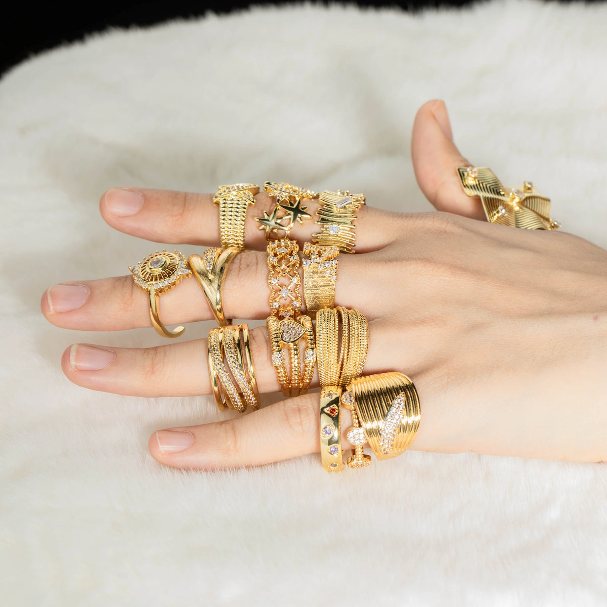Gold-plated brass ring assortment styled for wholesale buyers