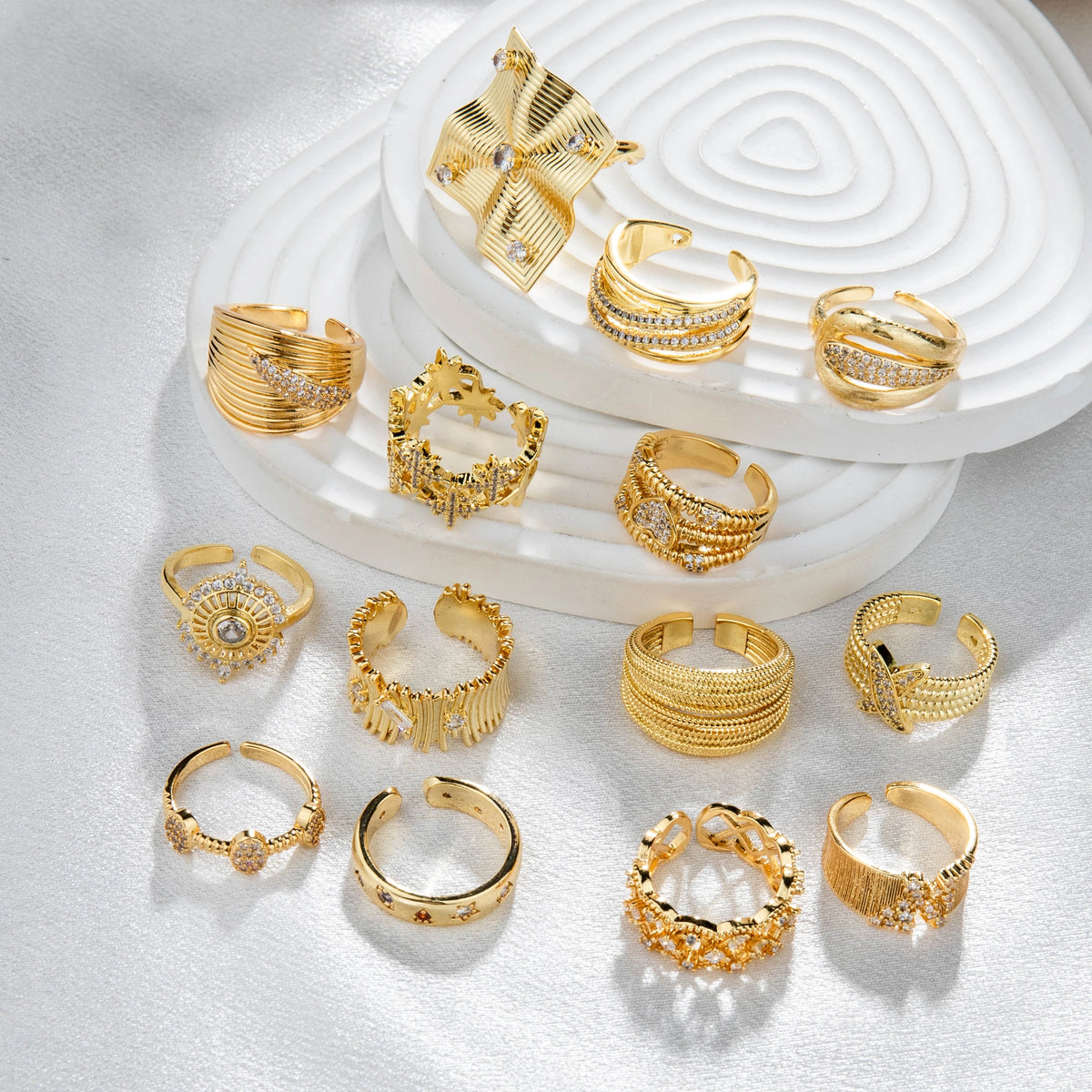 Gold-plated brass ring assortment styled for wholesale buyers