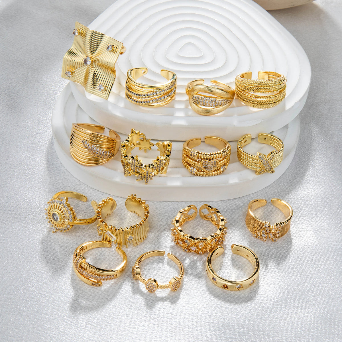 Gold-plated brass ring assortment styled for wholesale buyers