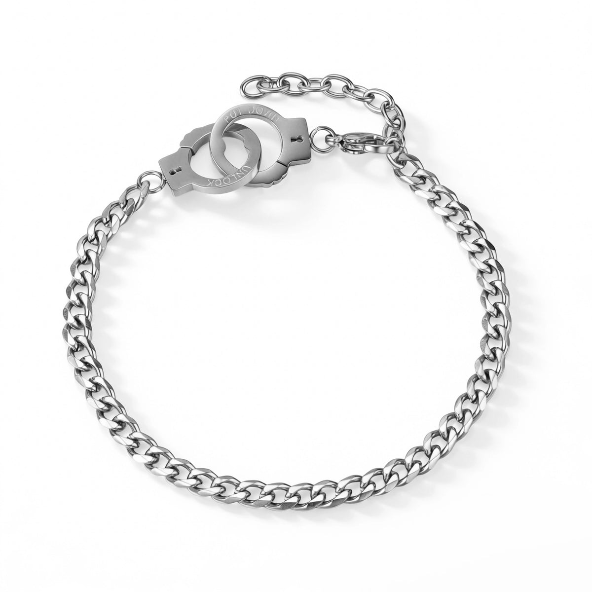 Steel bracelet featuring a curb-link chain with a paired handcuff-shaped connector, shown on a white background.