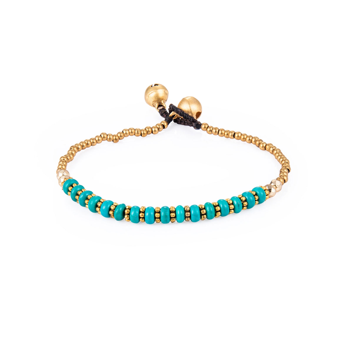 Teal bracelet featuring a single row of small stone beads with gold-tone details and a sliding cord closure, shown on a white background.
