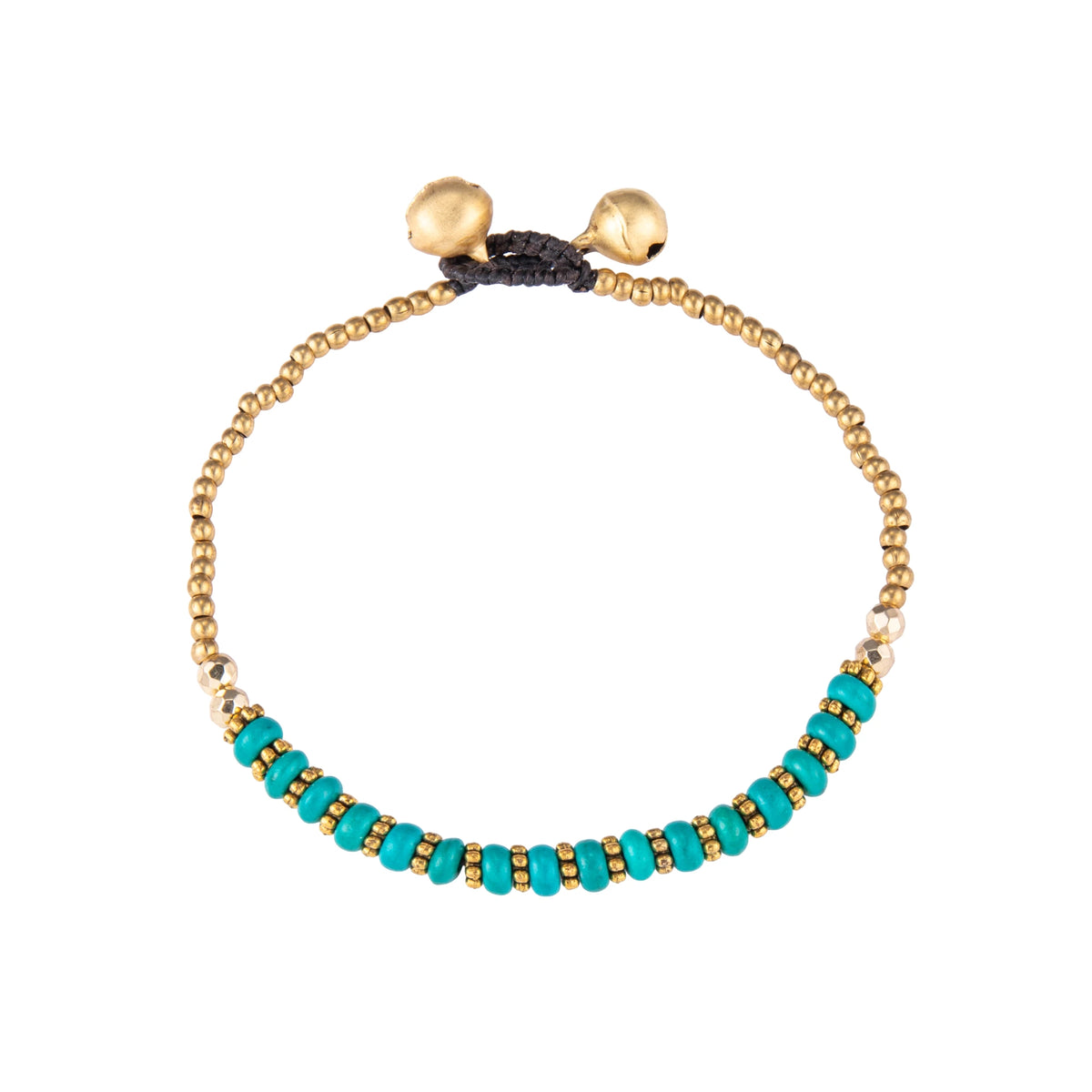 Teal bracelet featuring a single row of small stone beads with gold-tone details and a sliding cord closure, shown on a white background.