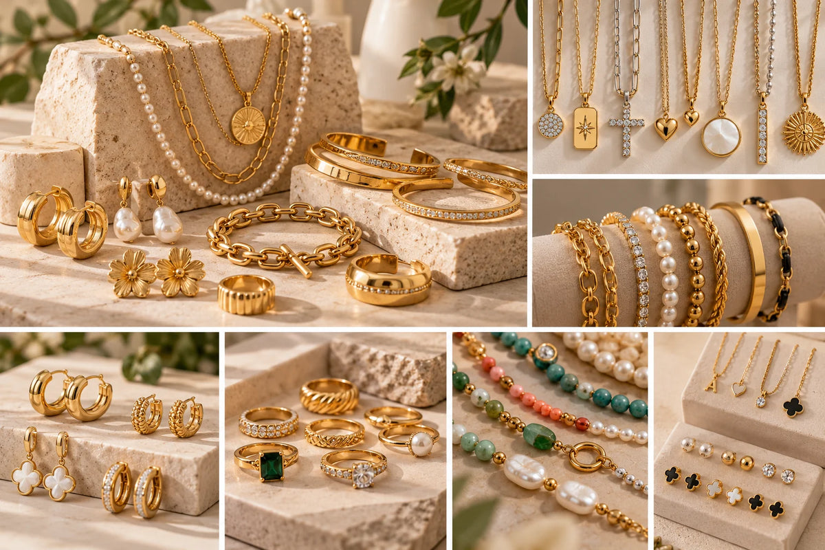Wholesale jewelry assortment in stainless steel, PVD plating, gold-plated brass and natural stone