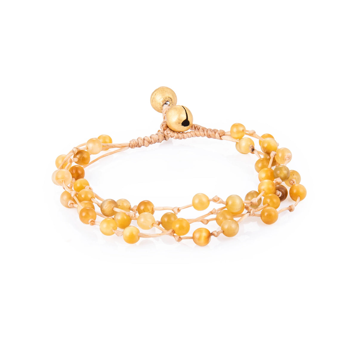 Yellow bracelet featuring multiple strands of round natural stone beads and braided cord, shown on a white background.
