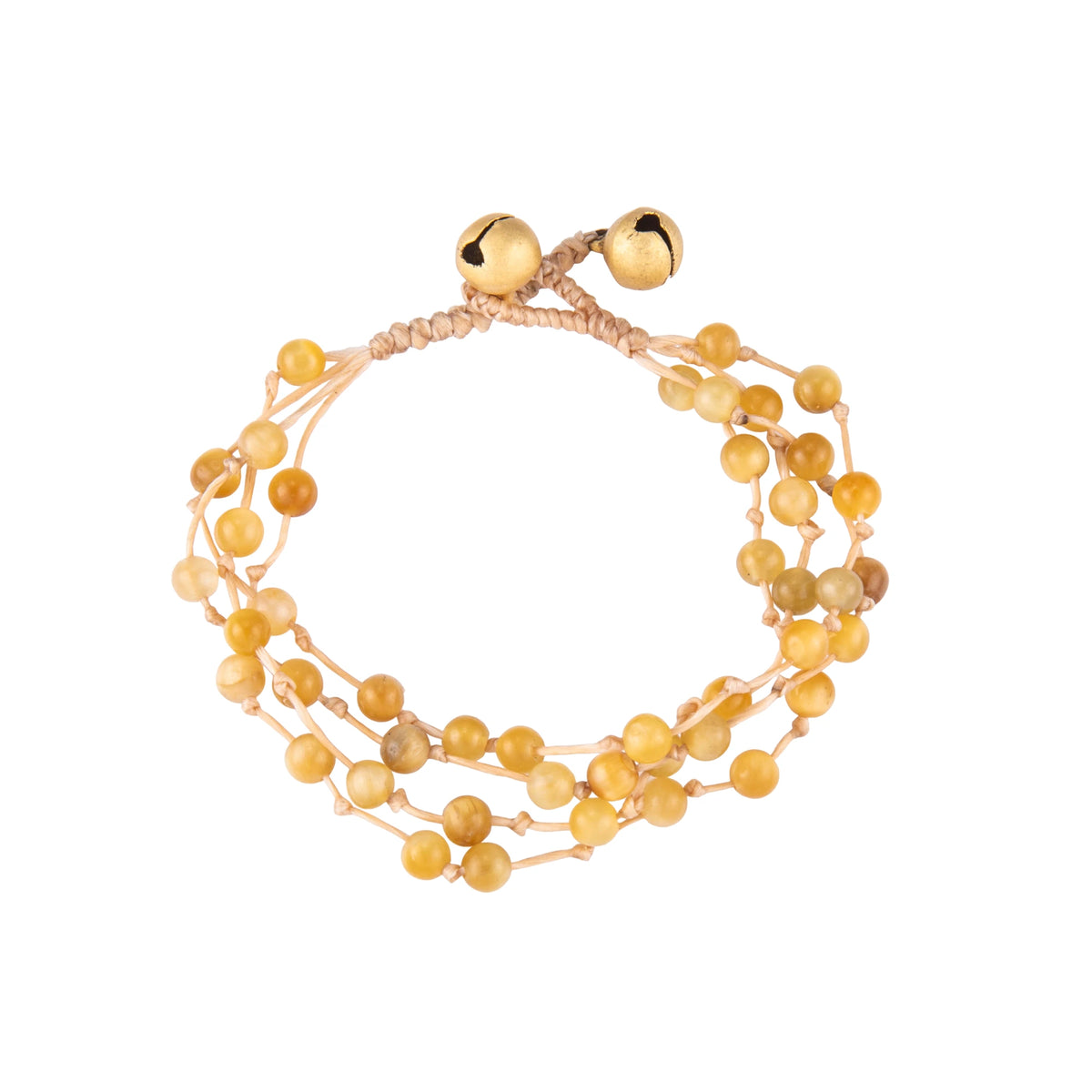 Yellow bracelet featuring multiple strands of round natural stone beads and braided cord, shown on a white background.