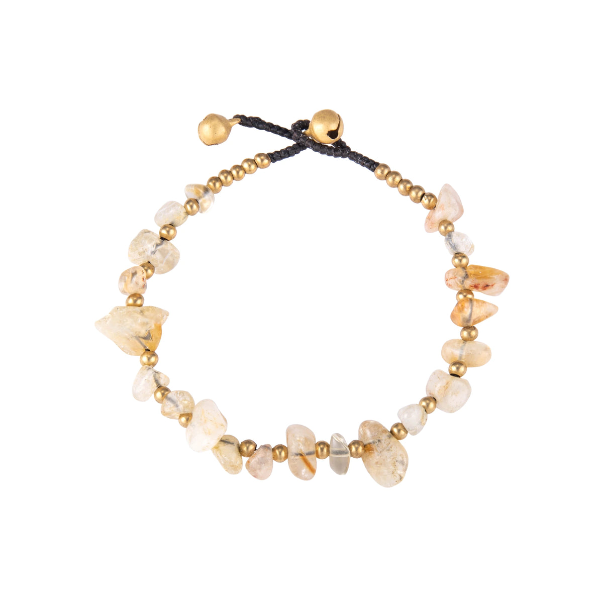 Yellow bracelet featuring irregular natural stone chips with gold-tone details and a sliding cord closure, shown on a white background.