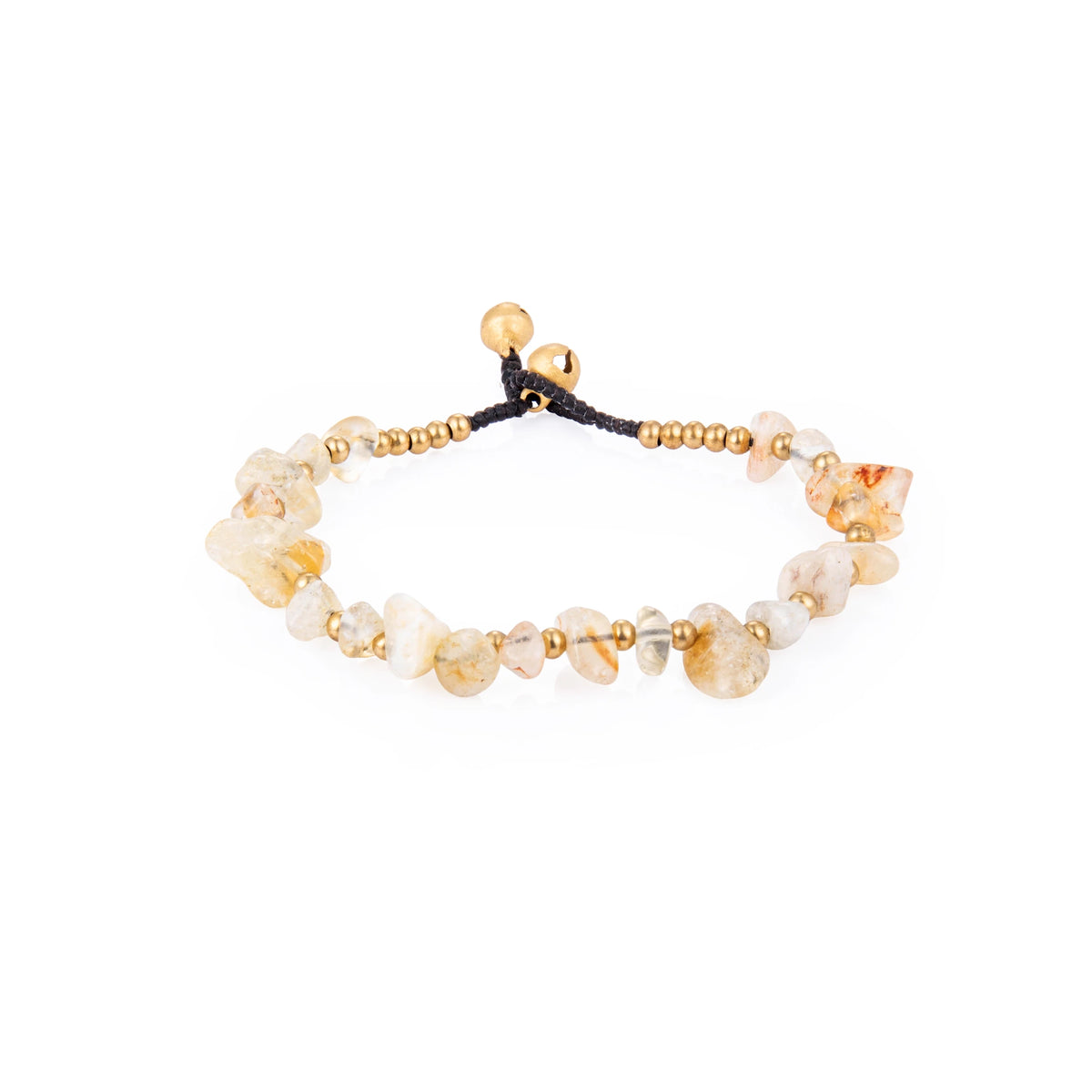 Yellow bracelet featuring irregular natural stone chips with gold-tone details and a sliding cord closure, shown on a white background.